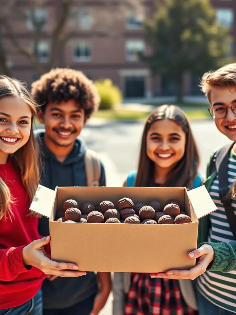 A photograph of a group of students enthusiastically displaying a box of high-quality chocolate truffles, ready for sale as part of a PENGBOOST fundraising campaign.
