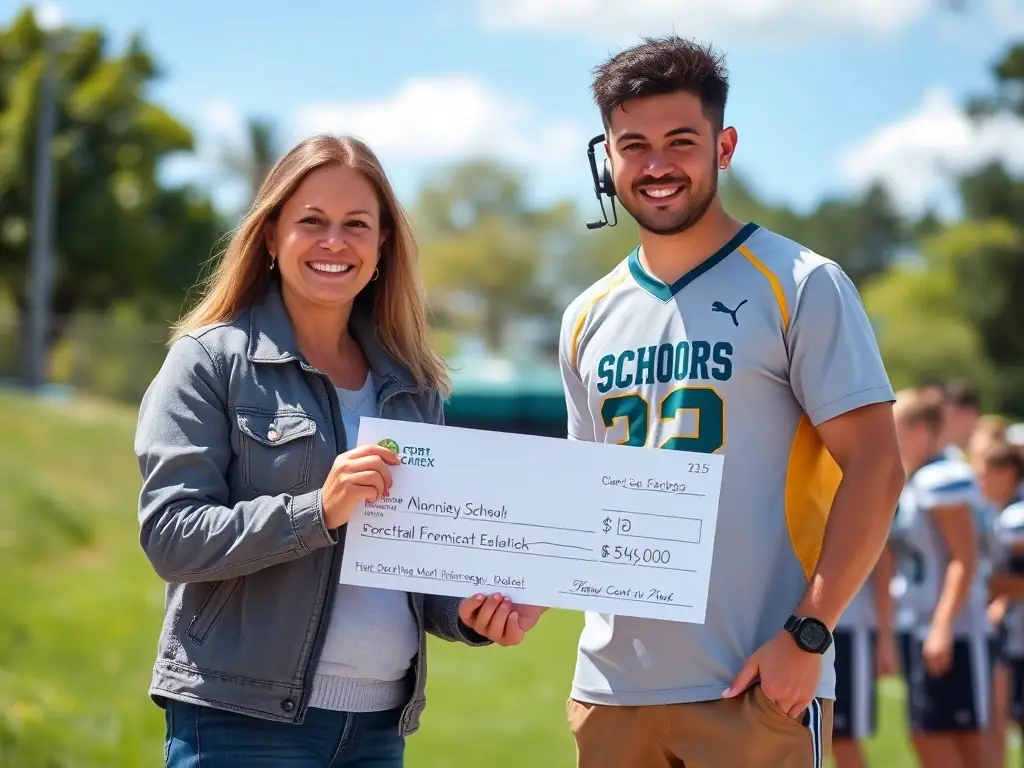 A photo illustrating a happy representative from a school or sports team receiving a check from PENGBOOST, symbolizing the successful completion of their fundraising campaign.