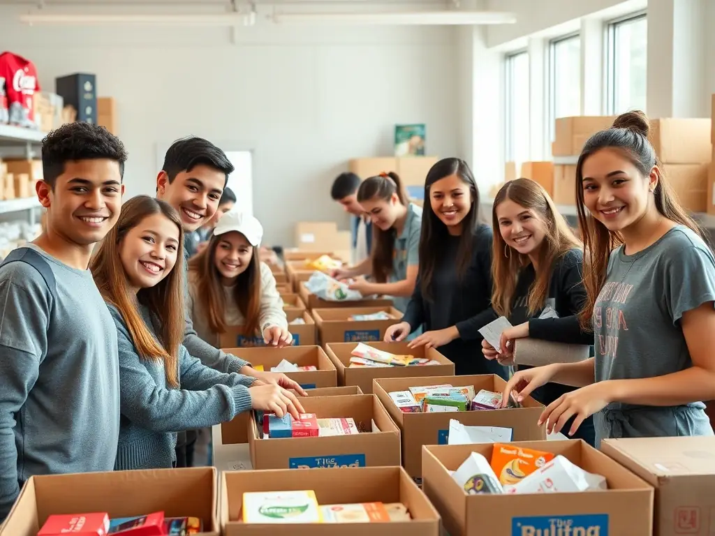 A photograph depicting a group of students enthusiastically sorting and packing PENGBOOST products for their fundraising campaign, showcasing teamwork and community involvement.