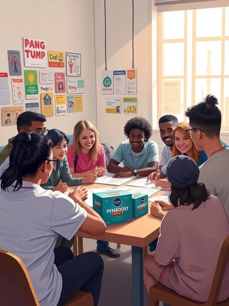 A group of association members collaborating on a project, with PENGBOOST products visible in the background, symbolizing community support.