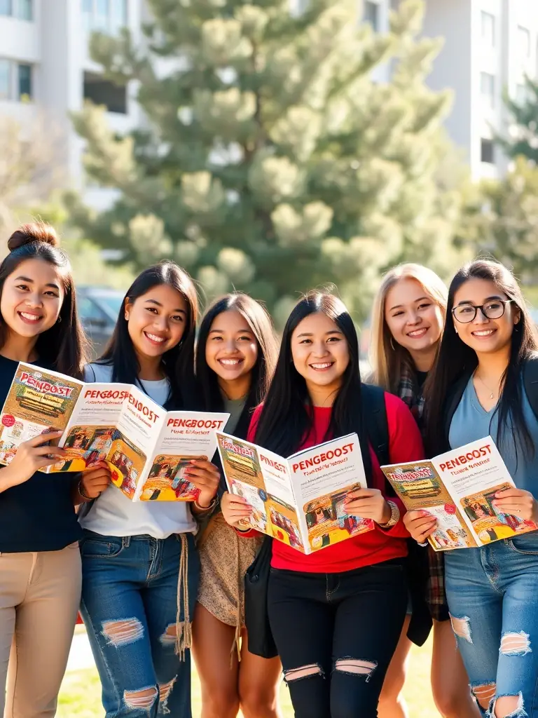 A vibrant photo of students at a school event, holding PENGBOOST product catalogs and smiling, showcasing community involvement and fundraising efforts.