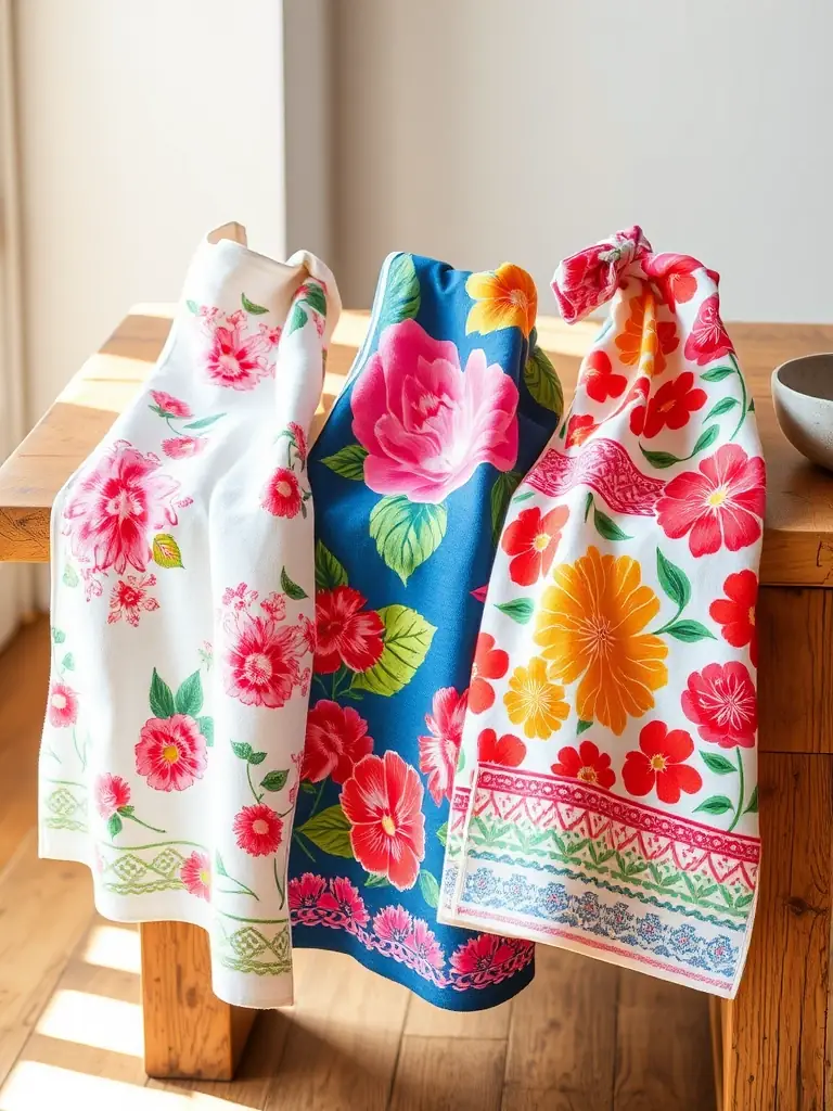 A photo of a set of beautifully designed kitchen textiles, such as aprons and tea towels, showcasing their vibrant patterns and high-quality fabric, ready for a PENGBOOST campaign.
