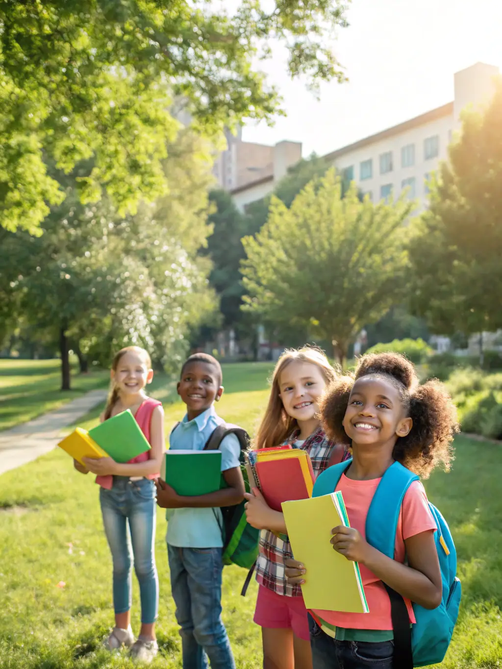 A group of smiling students holding up eco-friendly school supplies, showcasing the joy and sustainability of PENGBOOST's products.