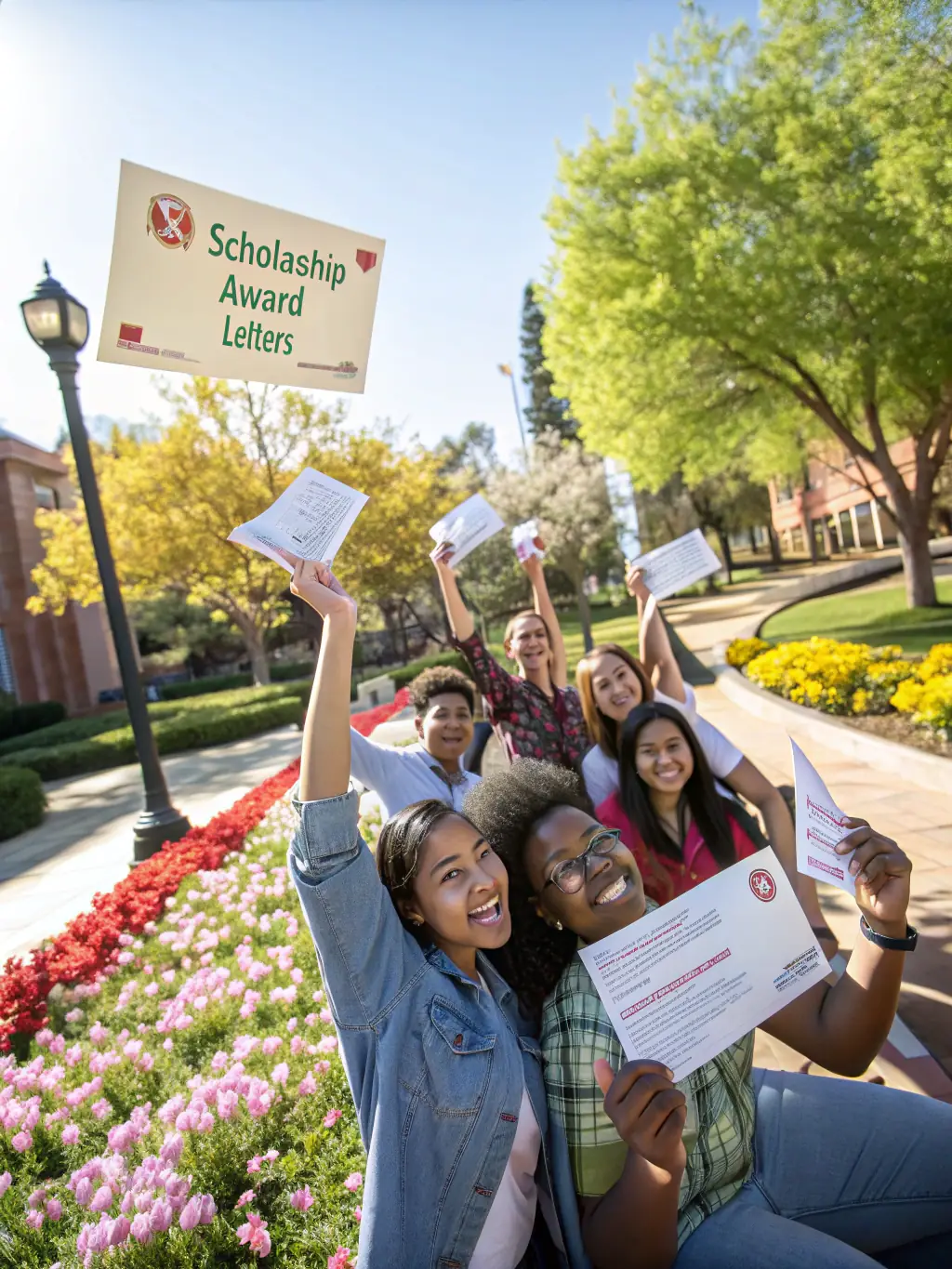A high-angle, vibrant photograph showcasing a group of smiling students holding up fundraising earnings, with a subtle PENGBOOST logo overlay, symbolizing higher revenue potential.